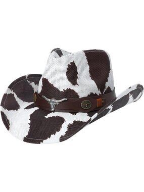 Men's Brown White Elastic Closure Straw Wide Shapeable Brim Cowboy Western Hat